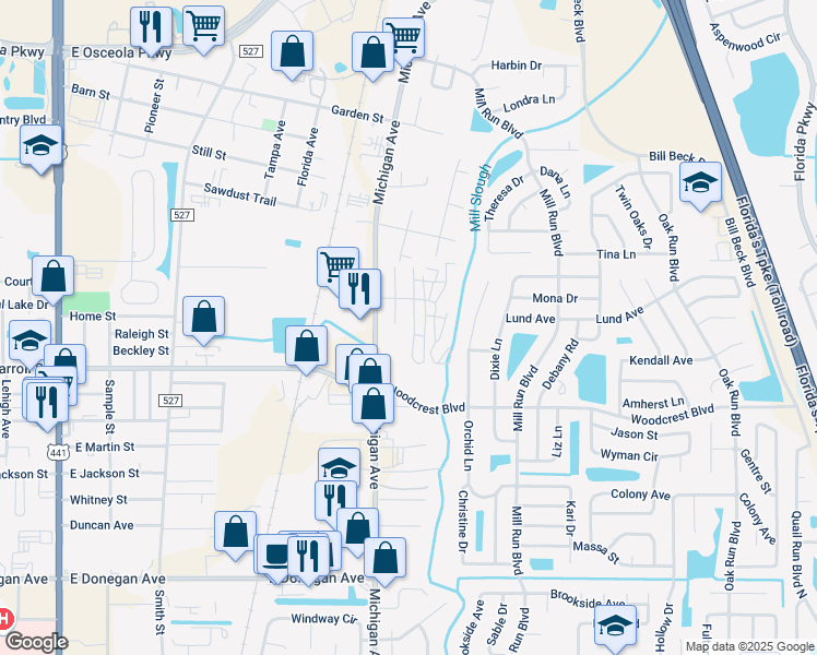 map of restaurants, bars, coffee shops, grocery stores, and more near 2740 Wells Avenue in Kissimmee