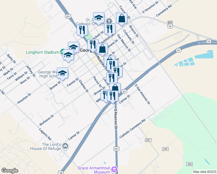 map of restaurants, bars, coffee shops, grocery stores, and more near 205 Leona Street in George West