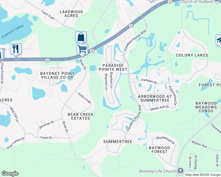 map of restaurants, bars, coffee shops, grocery stores, and more near 11707 Boynton Lane in New Port Richey