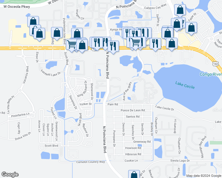 map of restaurants, bars, coffee shops, grocery stores, and more near 2749 North Poinciana Boulevard in Kissimmee