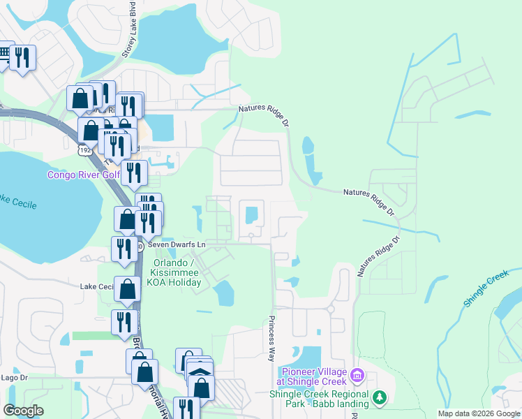 map of restaurants, bars, coffee shops, grocery stores, and more near 2839 Club Cortile Circle in Kissimmee