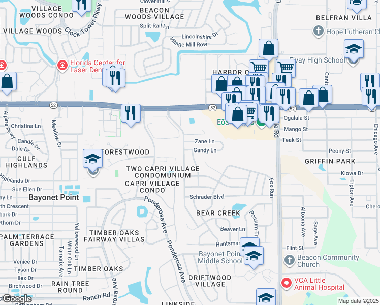 map of restaurants, bars, coffee shops, grocery stores, and more near 11714 Nature Trail in Port Richey