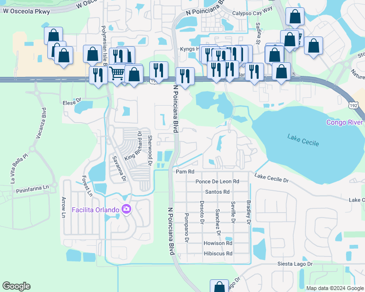 map of restaurants, bars, coffee shops, grocery stores, and more near 2749 North Poinciana Boulevard in Kissimmee