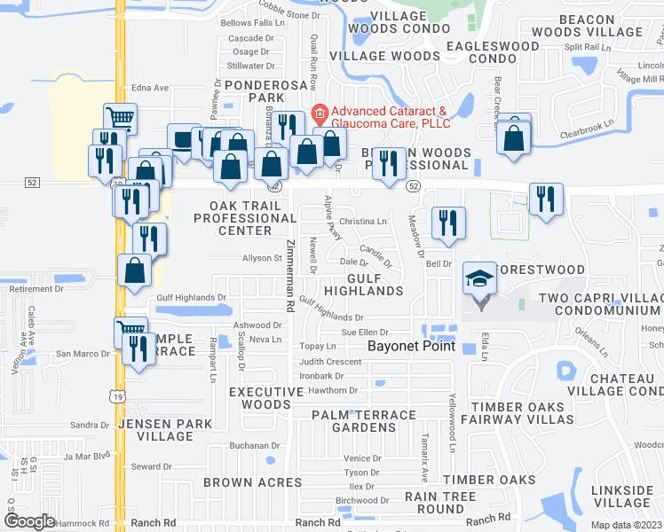 map of restaurants, bars, coffee shops, grocery stores, and more near 7628 Dale Drive in Port Richey