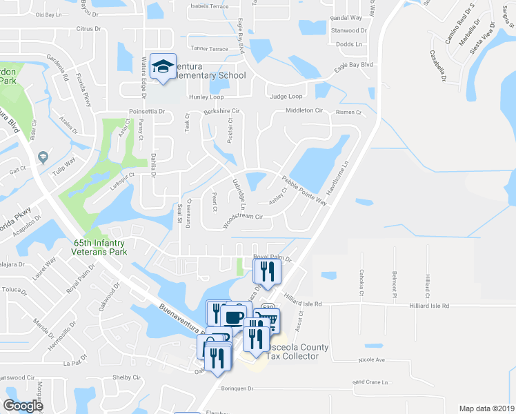 map of restaurants, bars, coffee shops, grocery stores, and more near 2778 Woodstream Circle in Kissimmee