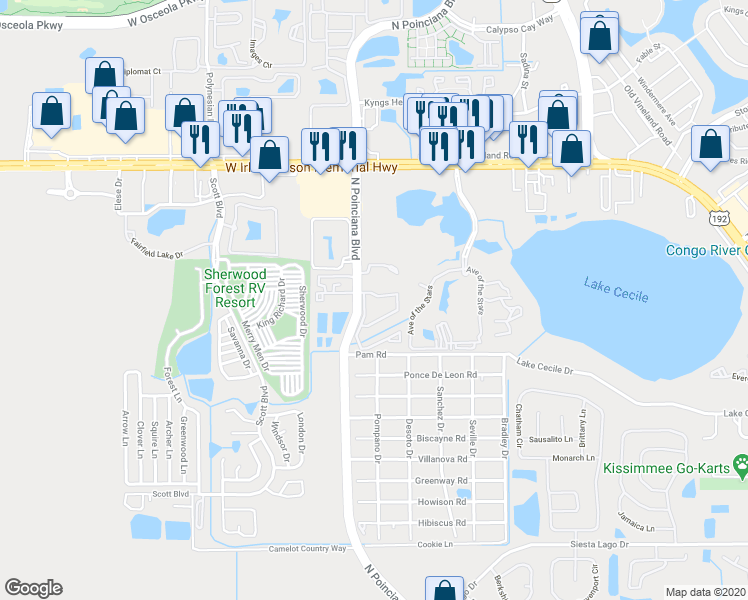 map of restaurants, bars, coffee shops, grocery stores, and more near 2749 North Poinciana Boulevard in Kissimmee