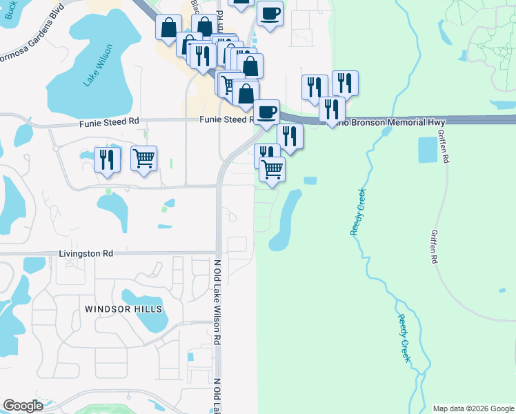 map of restaurants, bars, coffee shops, grocery stores, and more near 7503 Pellham Way in Kissimmee