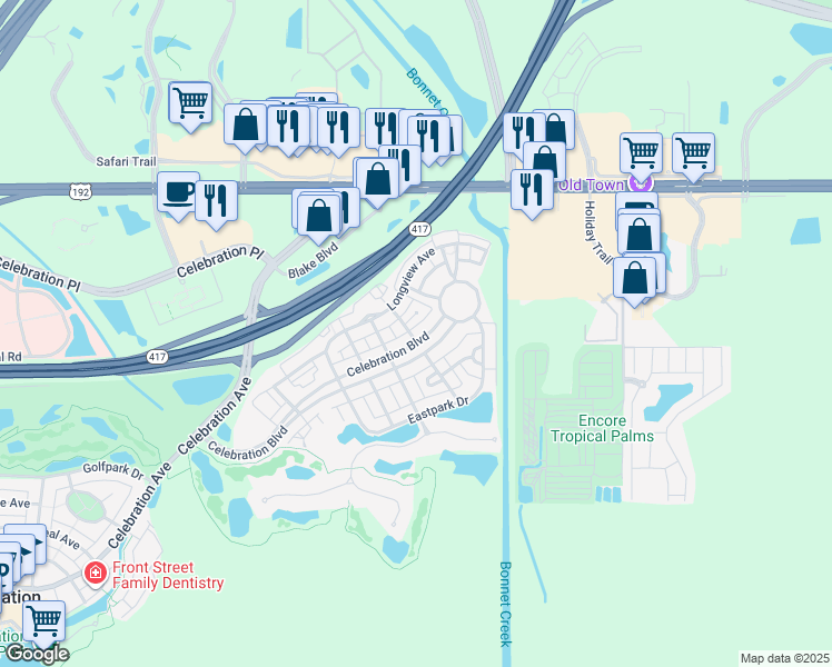 map of restaurants, bars, coffee shops, grocery stores, and more near 130 Celebration Boulevard in Kissimmee