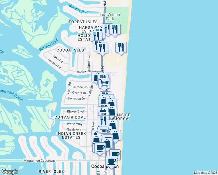 map of restaurants, bars, coffee shops, grocery stores, and more near 585 North Atlantic Avenue in Cocoa Beach