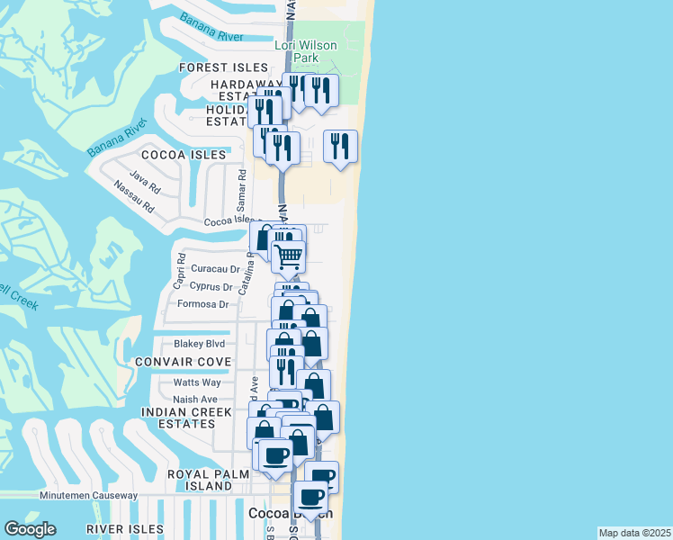 map of restaurants, bars, coffee shops, grocery stores, and more near 25 Sunflower Street in Cocoa Beach