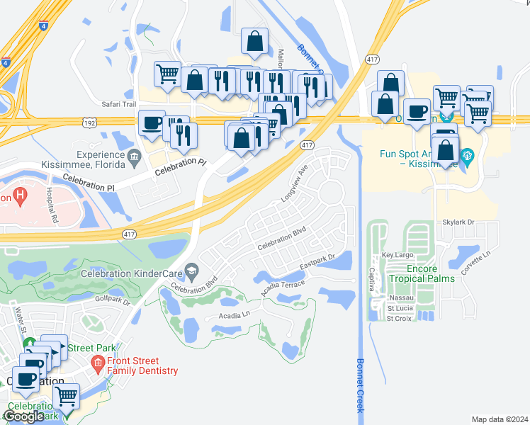map of restaurants, bars, coffee shops, grocery stores, and more near 218 Longview Avenue in Kissimmee