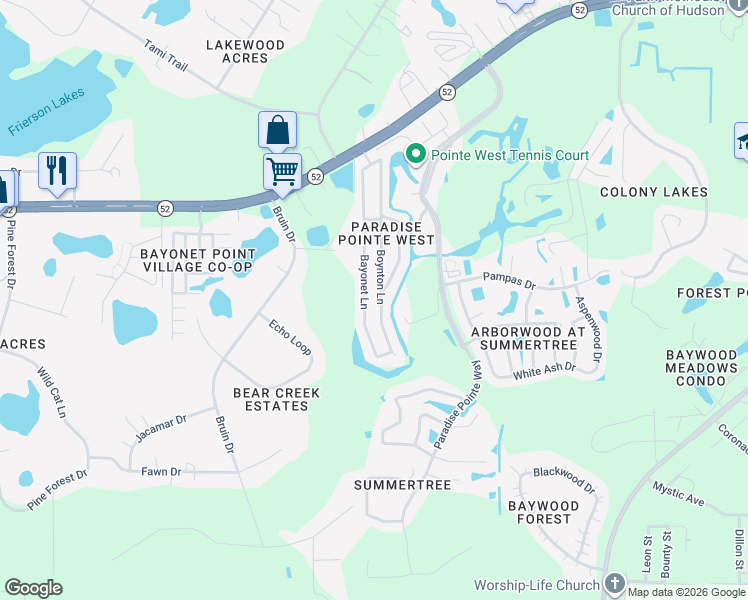 map of restaurants, bars, coffee shops, grocery stores, and more near 11707 Boynton Lane in New Port Richey