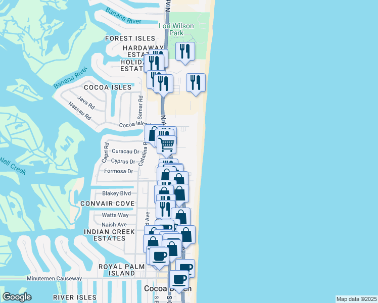 map of restaurants, bars, coffee shops, grocery stores, and more near 650 North Atlantic Avenue in Cocoa Beach