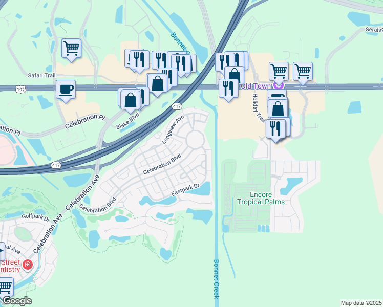 map of restaurants, bars, coffee shops, grocery stores, and more near 125 Celebration Boulevard in Kissimmee