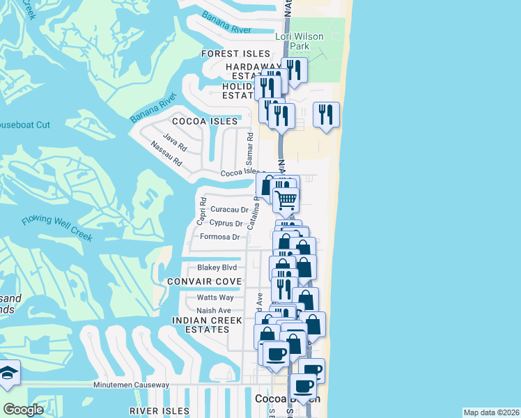 map of restaurants, bars, coffee shops, grocery stores, and more near 595 North Atlantic Avenue in Cocoa Beach