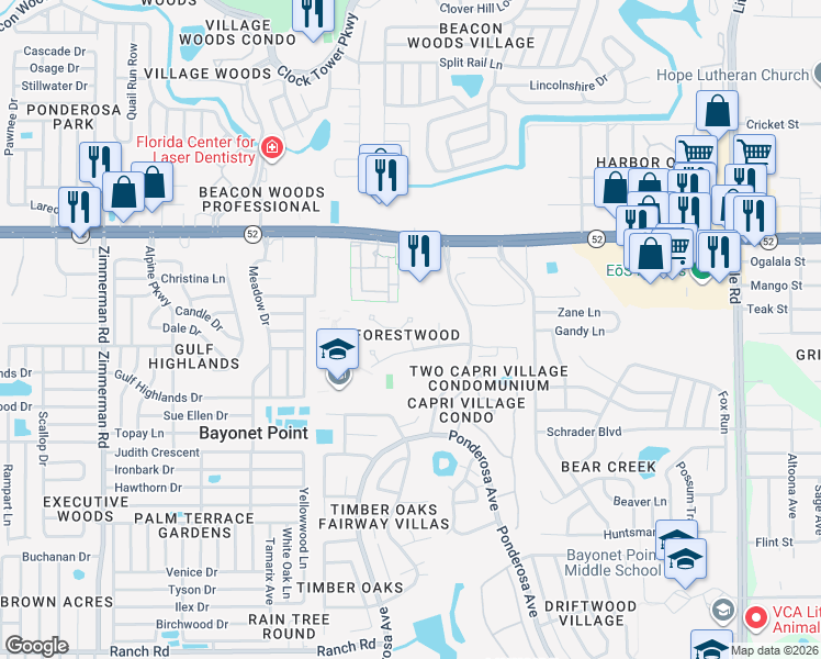 map of restaurants, bars, coffee shops, grocery stores, and more near 8202 Leafy Court in Port Richey