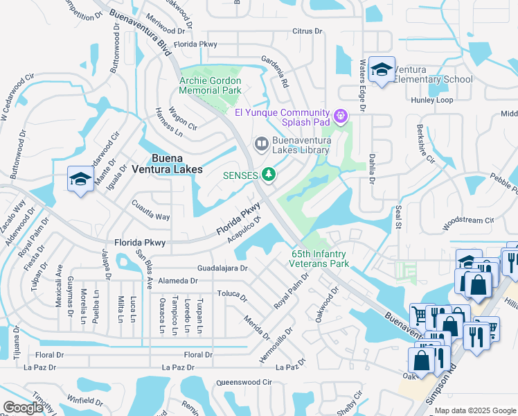 map of restaurants, bars, coffee shops, grocery stores, and more near 176 Acapulco Drive in Kissimmee