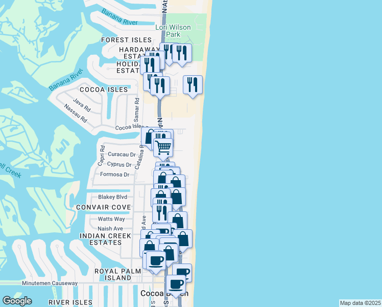 map of restaurants, bars, coffee shops, grocery stores, and more near 25 Sunflower Street in Cocoa Beach