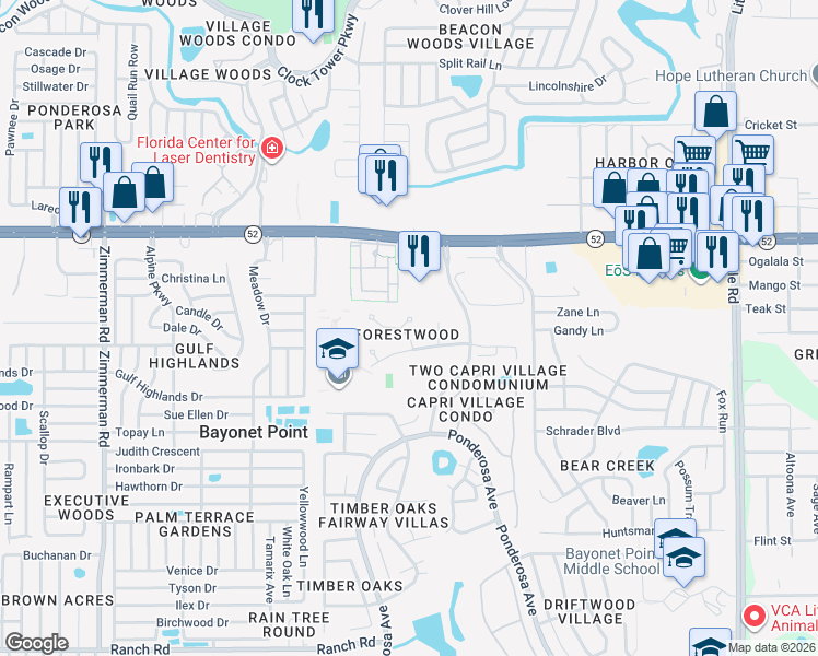 map of restaurants, bars, coffee shops, grocery stores, and more near 11714 Spring Tree Lane in Port Richey