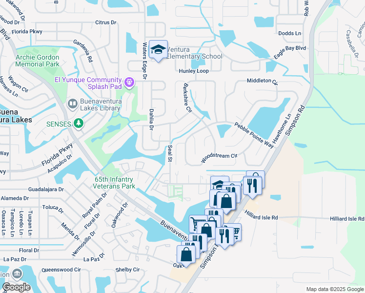 map of restaurants, bars, coffee shops, grocery stores, and more near 2729 Woodstream Circle in Kissimmee