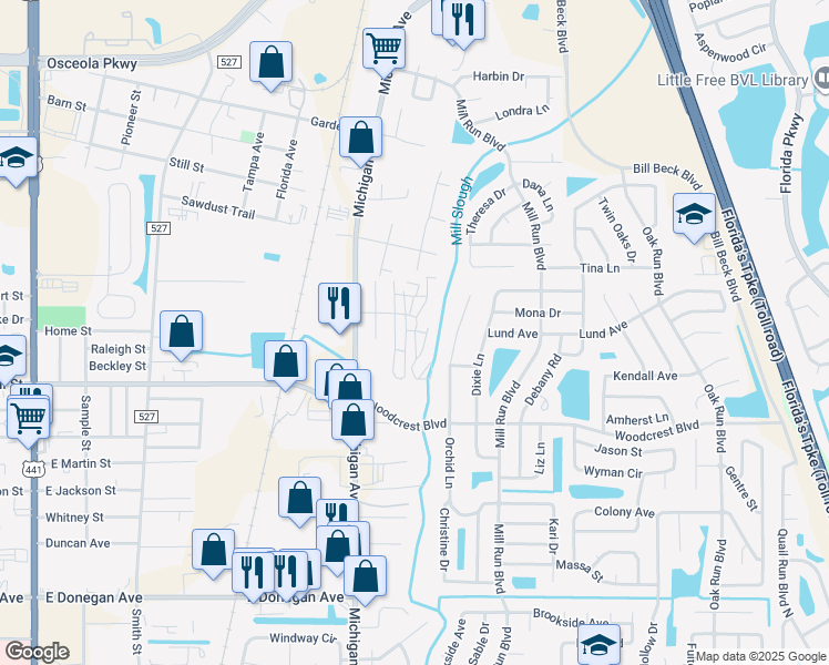 map of restaurants, bars, coffee shops, grocery stores, and more near 1354 RV Lane in Kissimmee