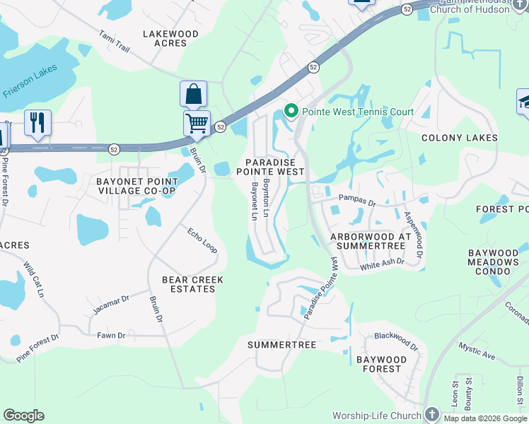 map of restaurants, bars, coffee shops, grocery stores, and more near 11723 Boynton Lane in New Port Richey