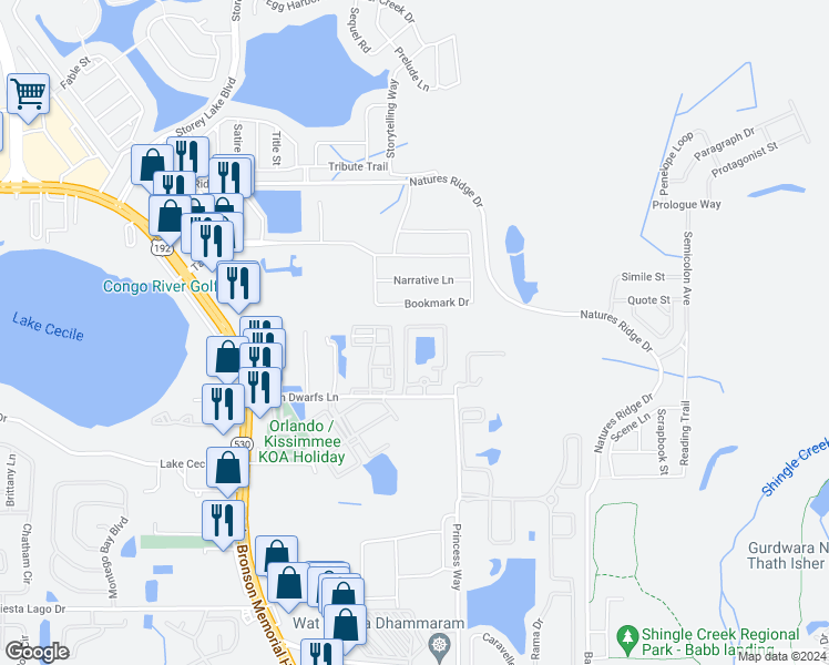 map of restaurants, bars, coffee shops, grocery stores, and more near 2789 Club Cortile Circle in Kissimmee