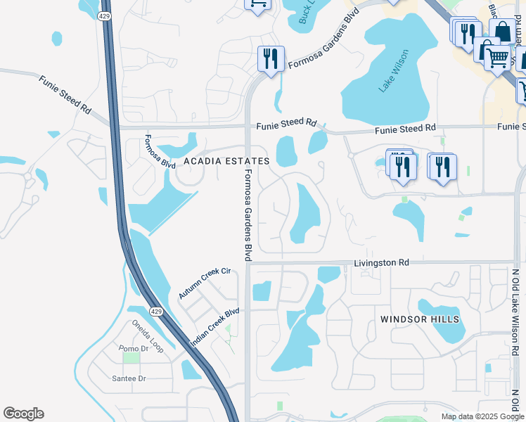 map of restaurants, bars, coffee shops, grocery stores, and more near 7903 Plum Blossom Court in Kissimmee
