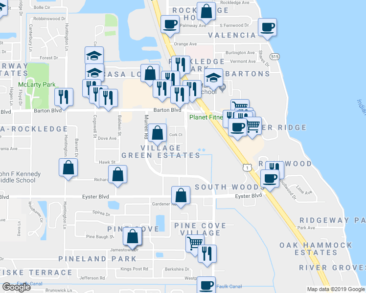 map of restaurants, bars, coffee shops, grocery stores, and more near 1201 Killarney Court in Rockledge