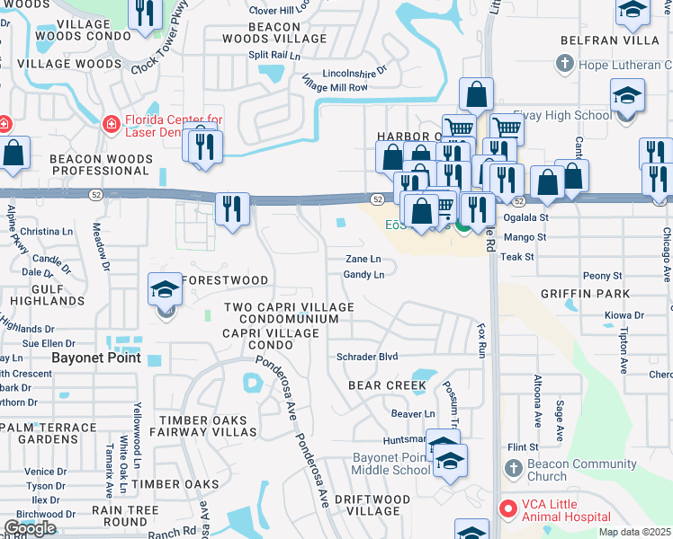 map of restaurants, bars, coffee shops, grocery stores, and more near 8521 Gandy Lane in Port Richey