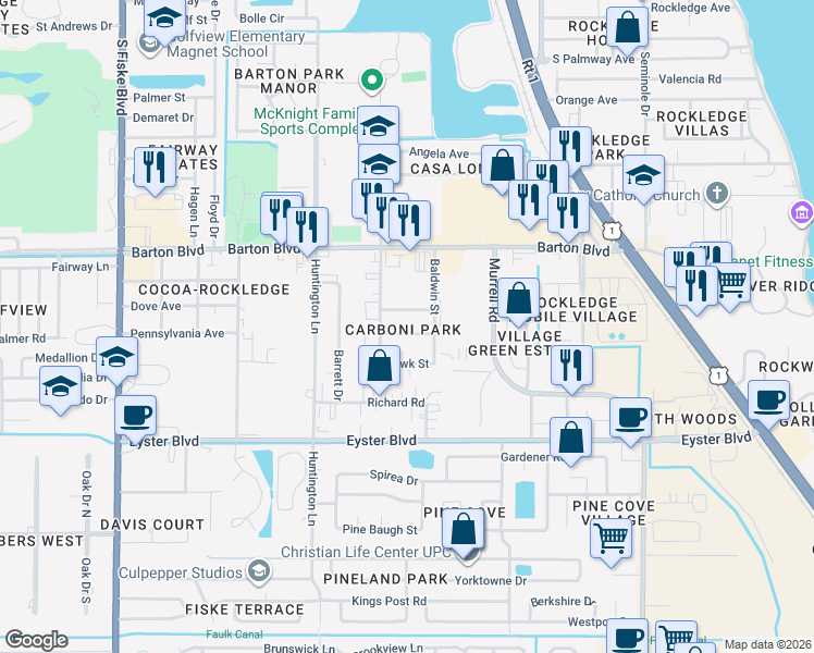 map of restaurants, bars, coffee shops, grocery stores, and more near 413 Pennsylvania Avenue in Rockledge