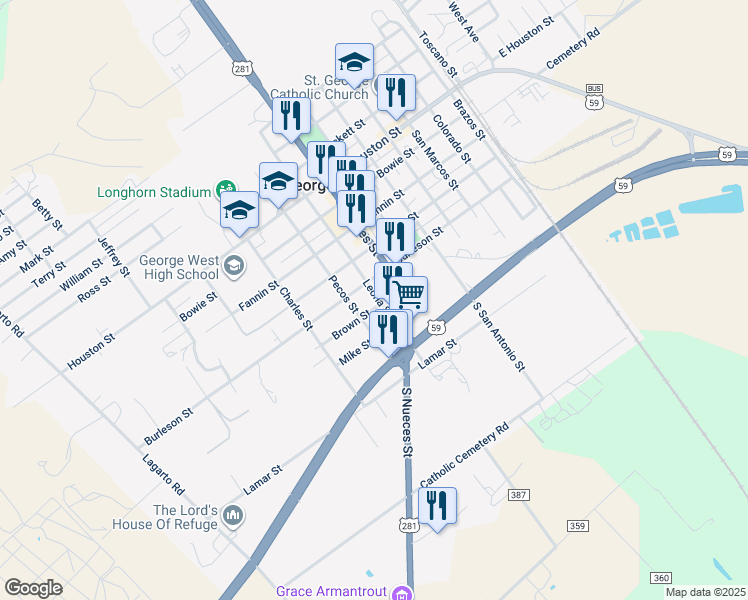 map of restaurants, bars, coffee shops, grocery stores, and more near 205 Leona Street in George West