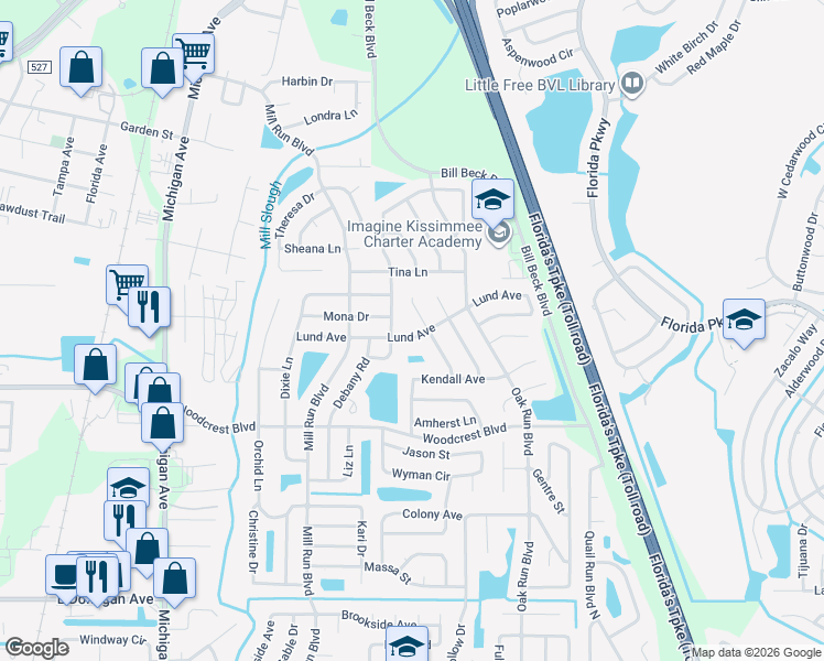 map of restaurants, bars, coffee shops, grocery stores, and more near 2680 Forest View Lane in Kissimmee