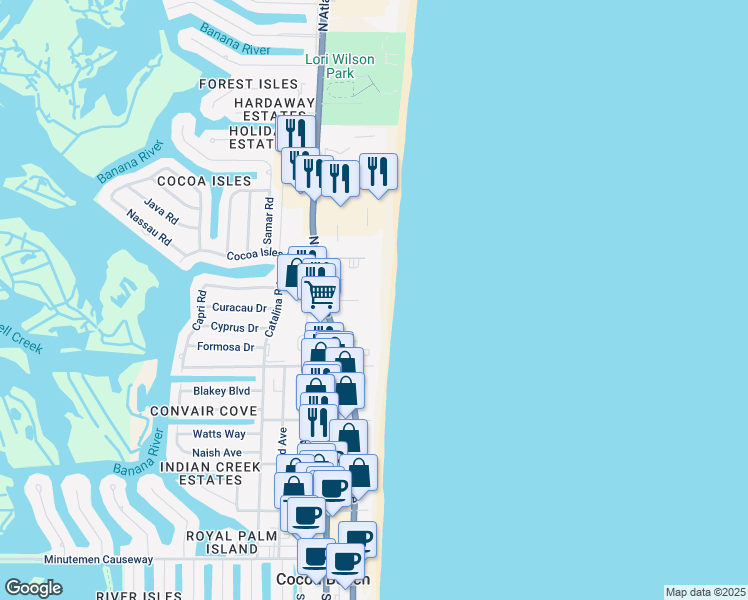 map of restaurants, bars, coffee shops, grocery stores, and more near 25 Sunflower Street in Cocoa Beach