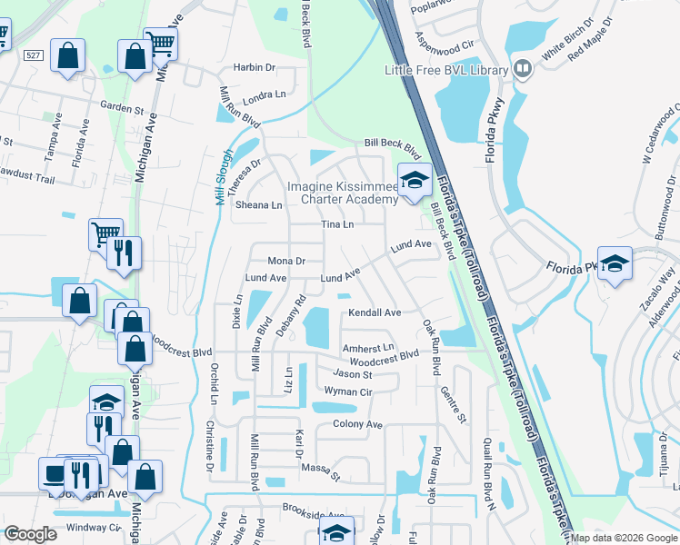 map of restaurants, bars, coffee shops, grocery stores, and more near 2680 Forest View Lane in Kissimmee