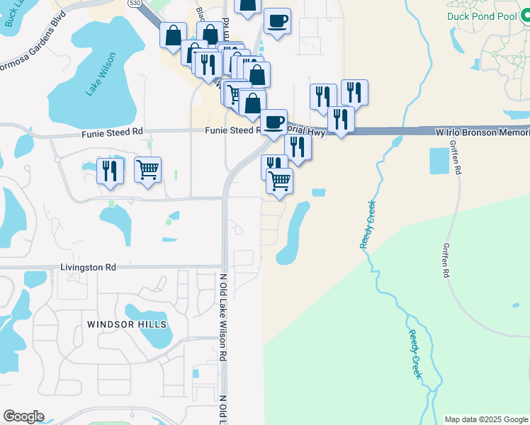 map of restaurants, bars, coffee shops, grocery stores, and more near 7503 Pellham Way in Kissimmee