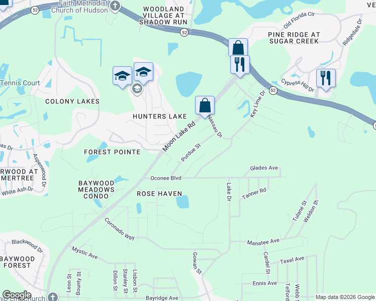 map of restaurants, bars, coffee shops, grocery stores, and more near 11836 Hunters Lake Drive in New Port Richey