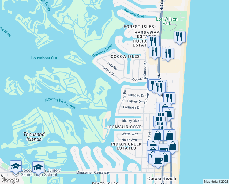 map of restaurants, bars, coffee shops, grocery stores, and more near 708 Nassau Road in Cocoa Beach