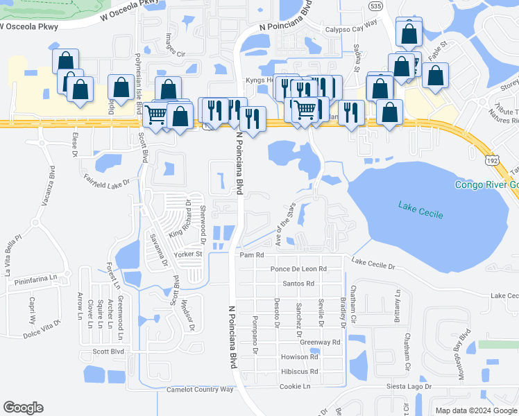 map of restaurants, bars, coffee shops, grocery stores, and more near 2791 North Poinciana Boulevard in Kissimmee