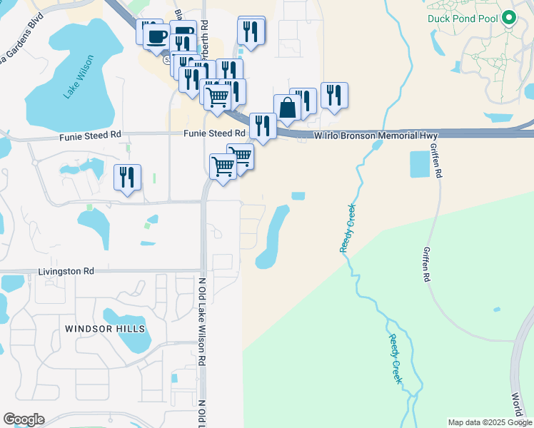 map of restaurants, bars, coffee shops, grocery stores, and more near 2845 Oakwater Drive in Kissimmee