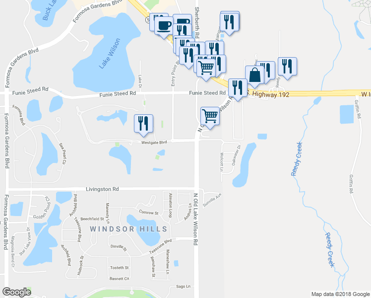map of restaurants, bars, coffee shops, grocery stores, and more near 2770 North Old Lake Wilson Road in Kissimmee