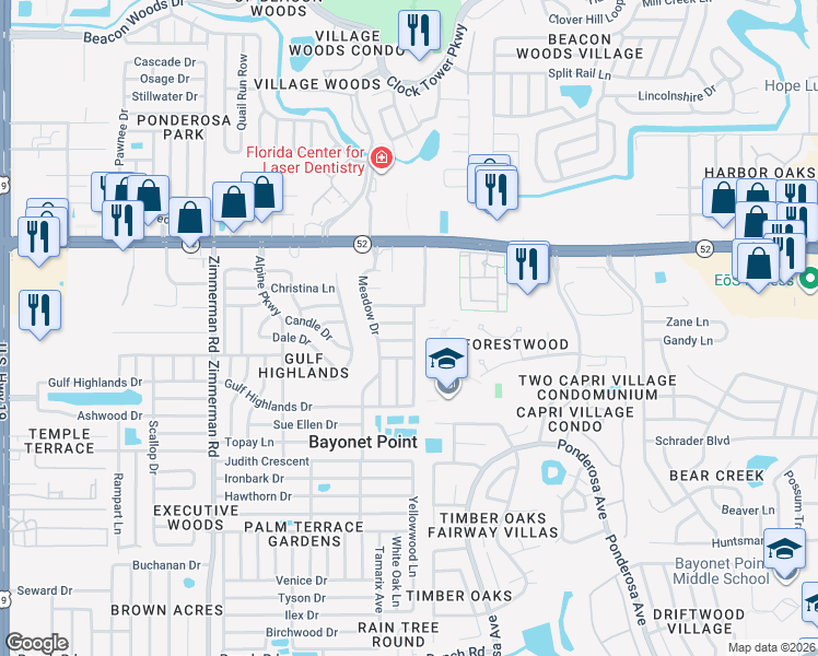 map of restaurants, bars, coffee shops, grocery stores, and more near 11810 Paige Drive in Port Richey