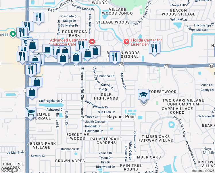 map of restaurants, bars, coffee shops, grocery stores, and more near 7708 Candle Drive in Port Richey