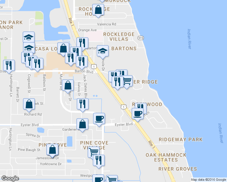map of restaurants, bars, coffee shops, grocery stores, and more near 1860 U.S. 1 in Rockledge