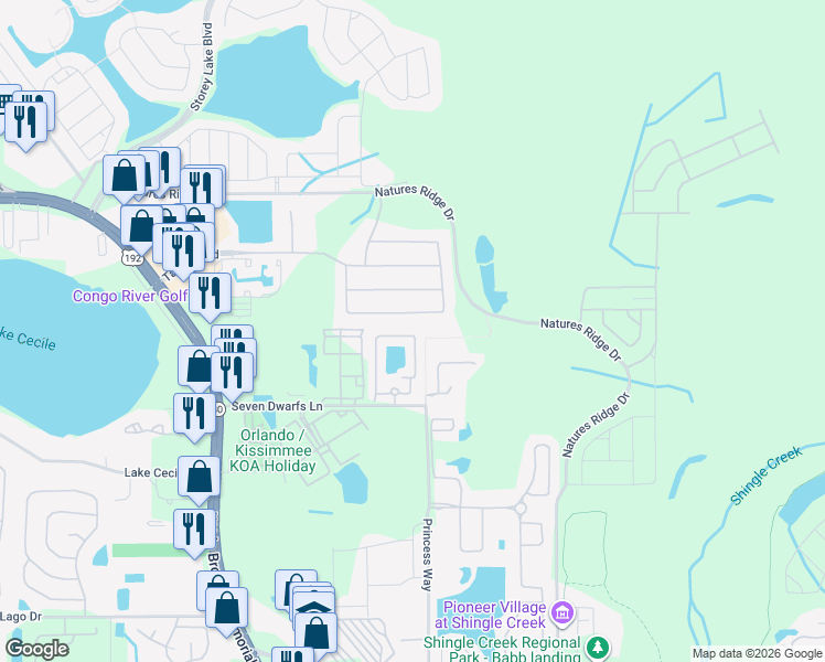 map of restaurants, bars, coffee shops, grocery stores, and more near 2810 Club Cortile Circle in Kissimmee