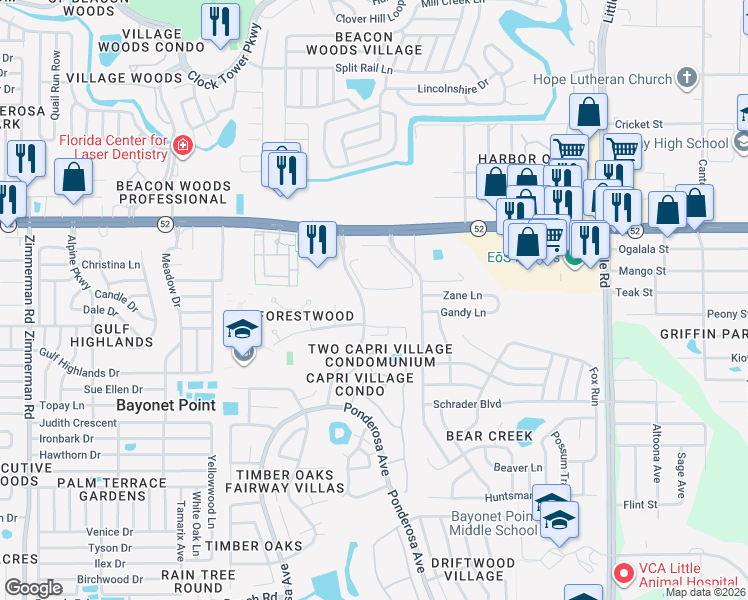 map of restaurants, bars, coffee shops, grocery stores, and more near 11748 La Madera Boulevard in Port Richey