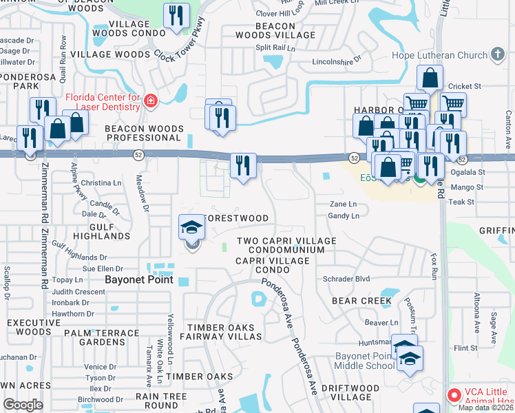 map of restaurants, bars, coffee shops, grocery stores, and more near 11740 Rolling Pine Lane in Port Richey