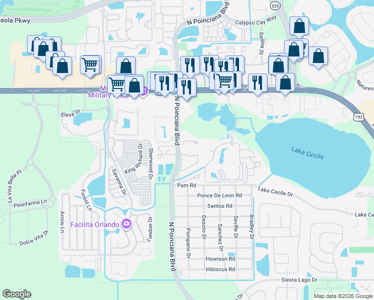 map of restaurants, bars, coffee shops, grocery stores, and more near 2791 North Poinciana Boulevard in Kissimmee