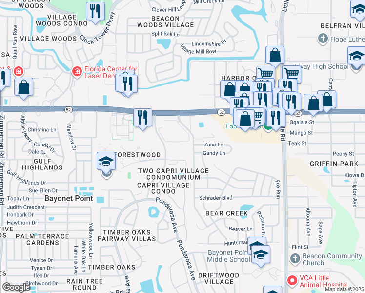 map of restaurants, bars, coffee shops, grocery stores, and more near 11722 La Madera Boulevard in Port Richey