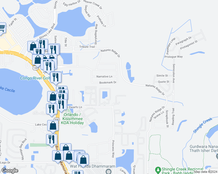map of restaurants, bars, coffee shops, grocery stores, and more near 2762 Bookmark Drive in Kissimmee